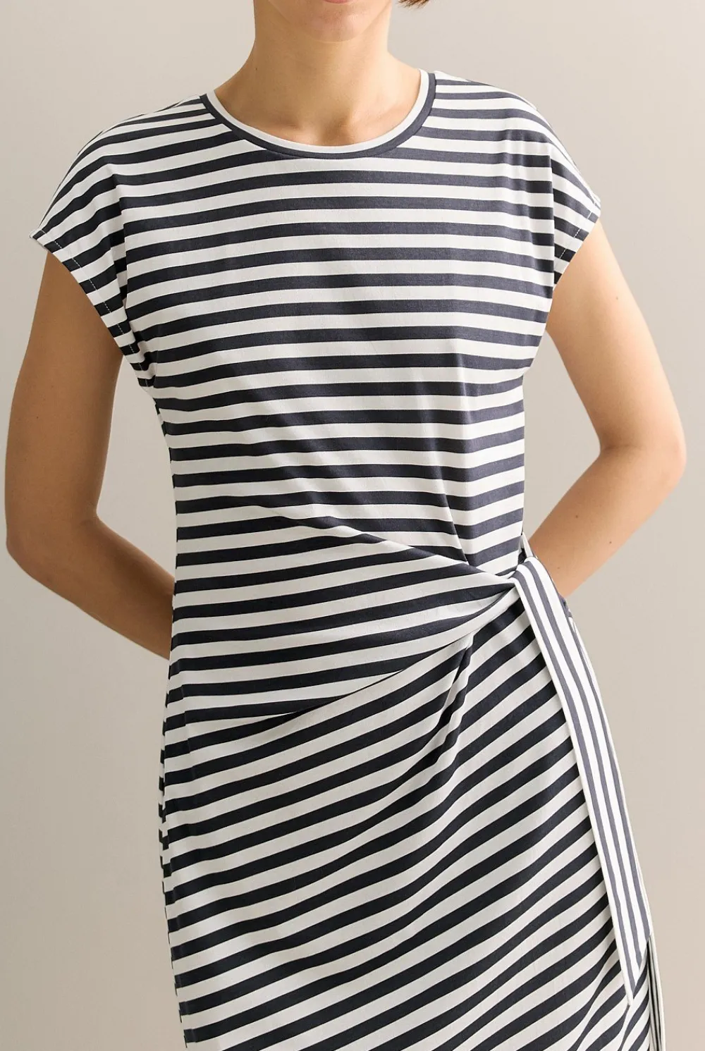 Dresses>Trenery Cotton Stripe Gathered Tie Waist Dress NightSky
