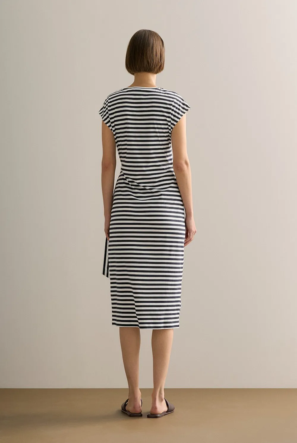 Dresses>Trenery Cotton Stripe Gathered Tie Waist Dress NightSky
