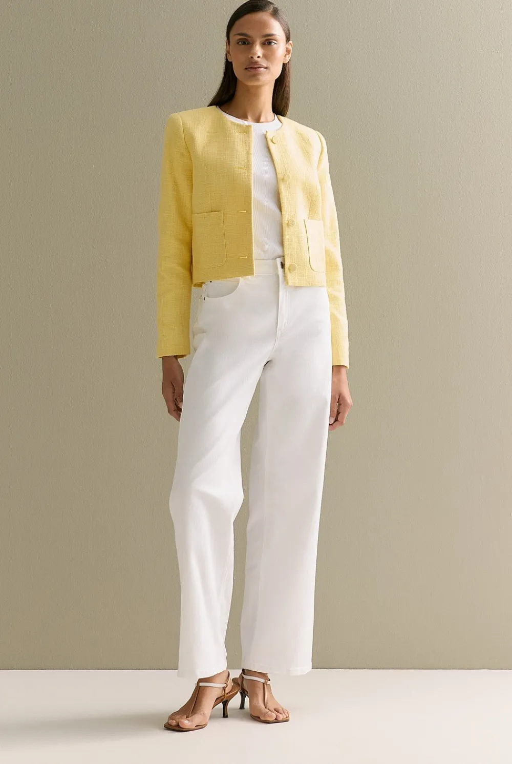 Outerwear>Trenery Cotton Tweed Cropped Jacket PastelYellow