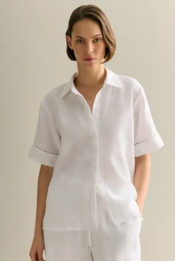 Shirts|The Linen Edit>Trenery Delave Linen Ladder Stitch Detail Short Sleeve Shirt White