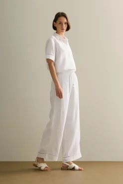 Shirts|The Linen Edit>Trenery Delave Linen Ladder Stitch Detail Short Sleeve Shirt White