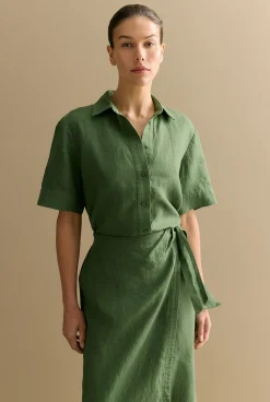 Shirts|Co-ord Sets>Trenery Delave Linen Short Sleeve Shirt Ivy