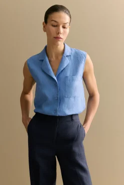 Shirts|The Linen Edit>Trenery Delave Linen Sleeveless Shirt WedgewoodBlue