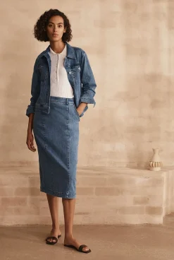 Skirts>Trenery Denim Pintuck Detail Skirt WashedIndigo