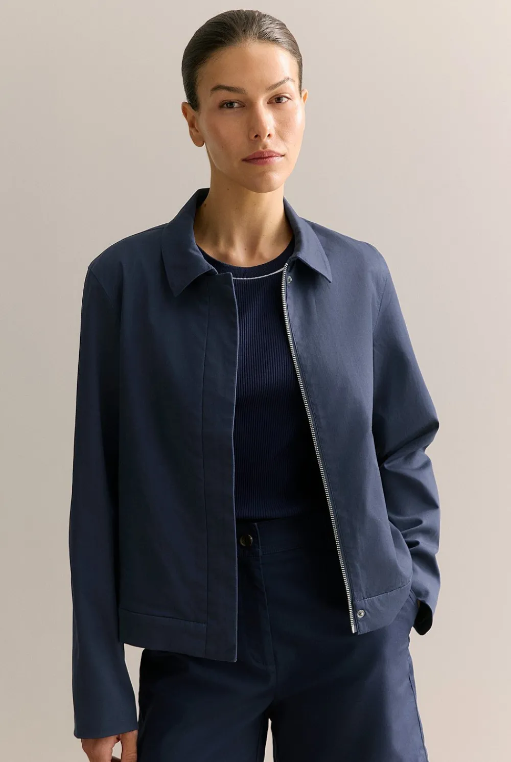 Outerwear|Co-ord Sets>Trenery Double Cloth Twill Harrington Jacket Navy