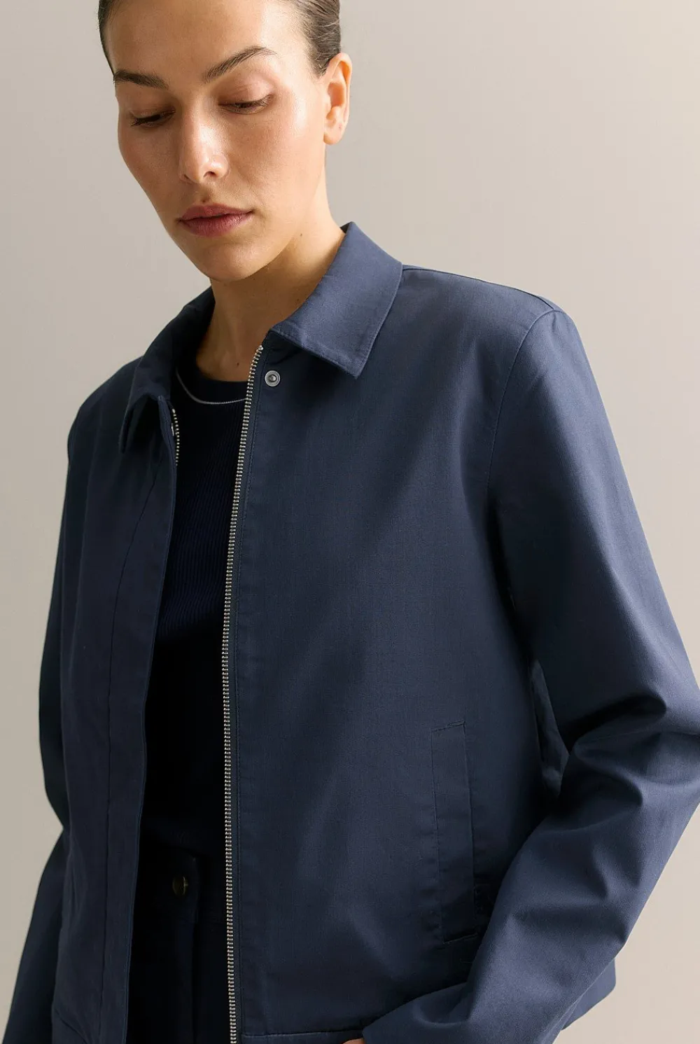 Outerwear|Co-ord Sets>Trenery Double Cloth Twill Harrington Jacket Navy