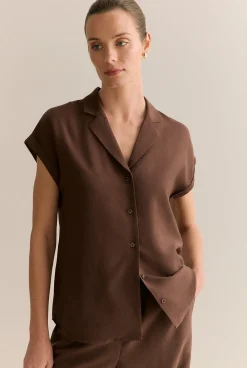 Shirts|Co-ord Sets>Trenery Draped Short Sleeve Camp Shirt Chocolate