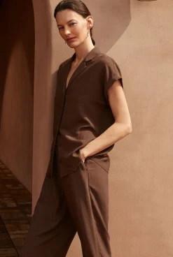 Shirts|Co-ord Sets>Trenery Draped Short Sleeve Camp Shirt Chocolate
