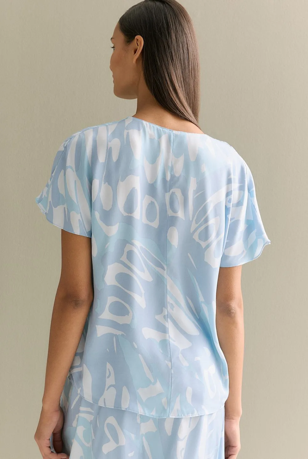Shirts|T-shirts & Tops>Trenery Draped Twill Butterfly Print V Neck Top Seafoam