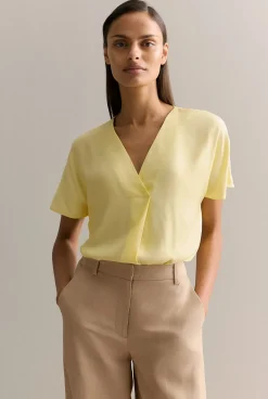Shirts|T-shirts & Tops>Trenery Draped Twill V Neck Top Yellow