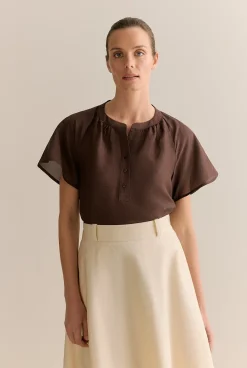 Shirts|Occasion Dresses & Outfits>Trenery Gather Detail Flutter Sleeve Blouse Chocolate