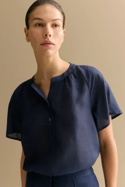 Shirts|T-shirts & Tops>Trenery Gathered Flutter Sleeve Blouse Navy