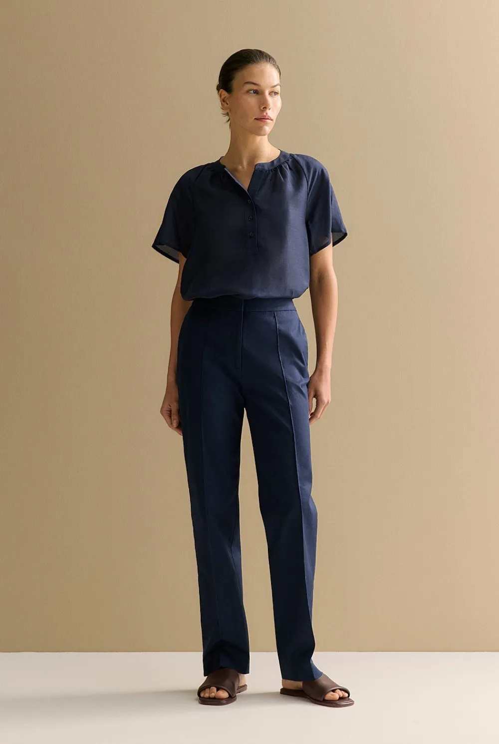 Shirts|T-shirts & Tops>Trenery Gathered Flutter Sleeve Blouse Navy