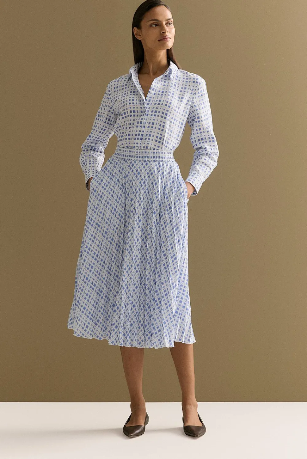 Skirts>Trenery Geo Grid Print Pull On Pleated Skirt CornflowerBlue