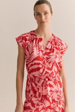 Shirts|T-shirts & Tops>Trenery Hibiscus Modal Cap Sleeve Blouse TrueRed
