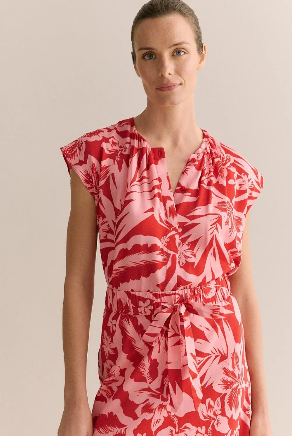 Shirts|T-shirts & Tops>Trenery Hibiscus Modal Cap Sleeve Blouse TrueRed