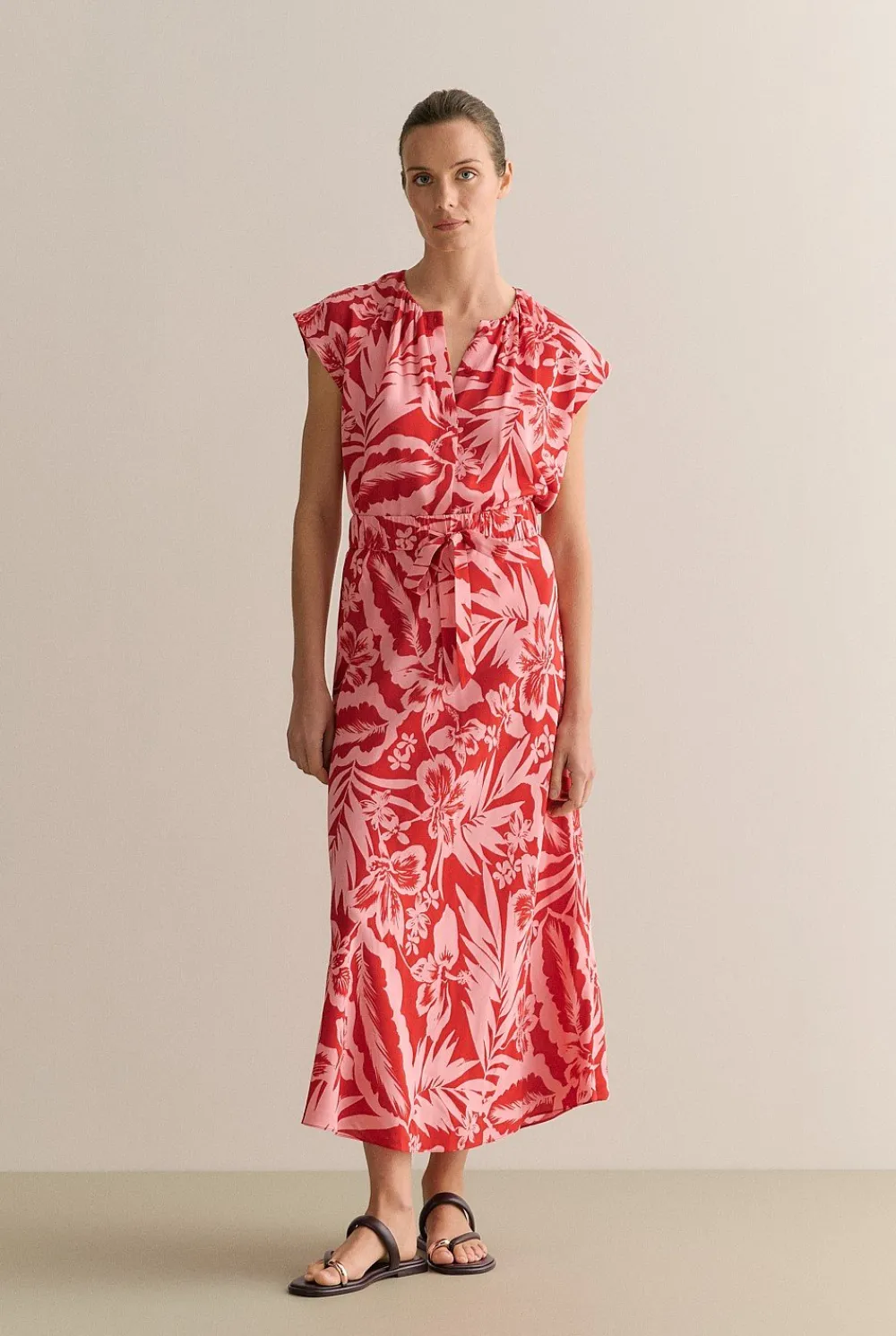 Shirts|T-shirts & Tops>Trenery Hibiscus Modal Cap Sleeve Blouse TrueRed