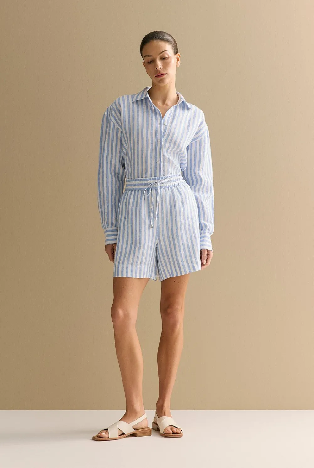 Co-ord Sets|Shorts>Trenery Linen Bengal Stripe Pull On Short WedgewoodBlue