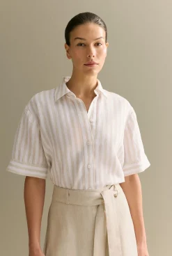 Shirts|The Linen Edit>Trenery Linen Bengal Stripe Short Sleeve Shirt Pebble