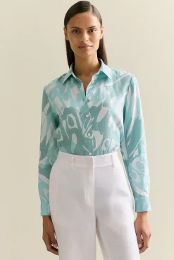 Shirts>Trenery Linen Butterfly Print Long Sleeve Shirt Seafoam