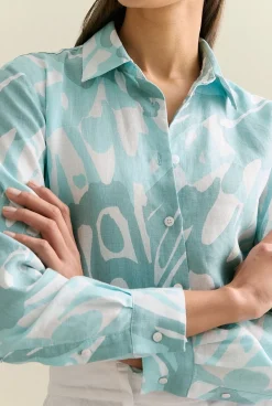 Shirts>Trenery Linen Butterfly Print Long Sleeve Shirt Seafoam