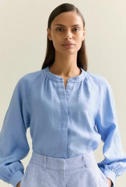 Shirts>Trenery Linen Collarless Blouson Sleeve Blouse CornflowerBlue