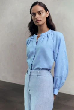 Shirts>Trenery Linen Collarless Blouson Sleeve Blouse CornflowerBlue