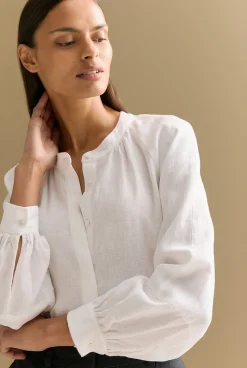 Shirts>Trenery Linen Collarless Blouson Sleeve Blouse White