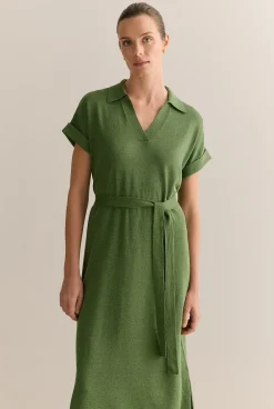 Dresses|Knitwear>Trenery Linen Cotton Collared Knit Dress Ivy