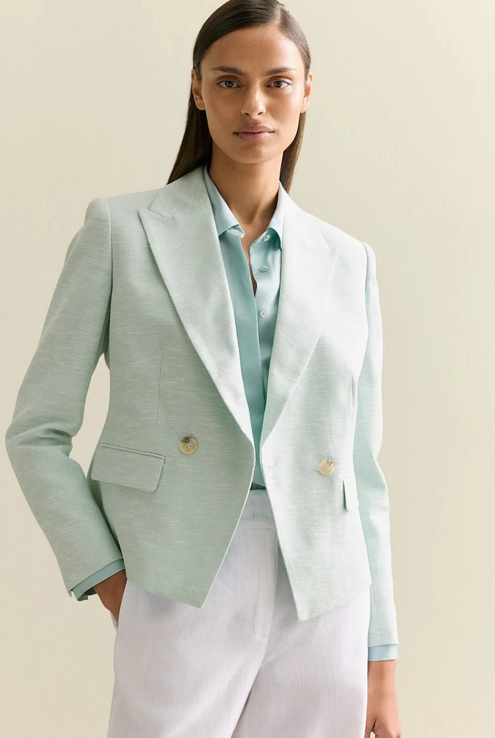 Outerwear>Trenery Linen Cotton Double Breasted Blazer PaleSeafoam