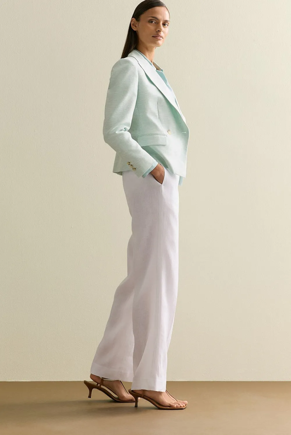 Outerwear>Trenery Linen Cotton Double Breasted Blazer PaleSeafoam