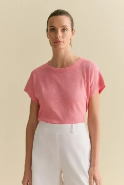 T-shirts & Tops|Knitwear>Trenery Linen Cotton Knit Relaxed T-shirt PinkGrenadine