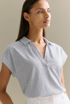 T-shirts & Tops>Trenery Linen Cotton Stripe Relaxed Cap Sleeve Polo Navy