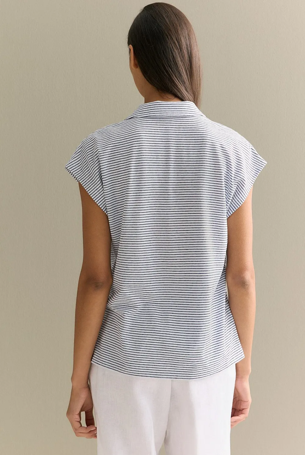 T-shirts & Tops>Trenery Linen Cotton Stripe Relaxed Cap Sleeve Polo Navy