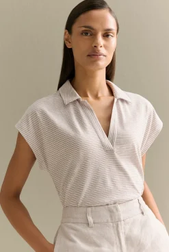 T-shirts & Tops>Trenery Linen Cotton Stripe Relaxed Cap Sleeve Polo Biscuit