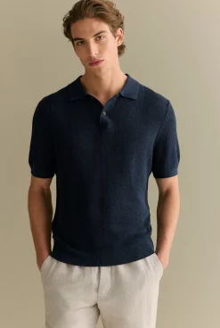 Polo Shirts|Knitwear>Trenery Linen Cotton Textured Stitch Polo Navy