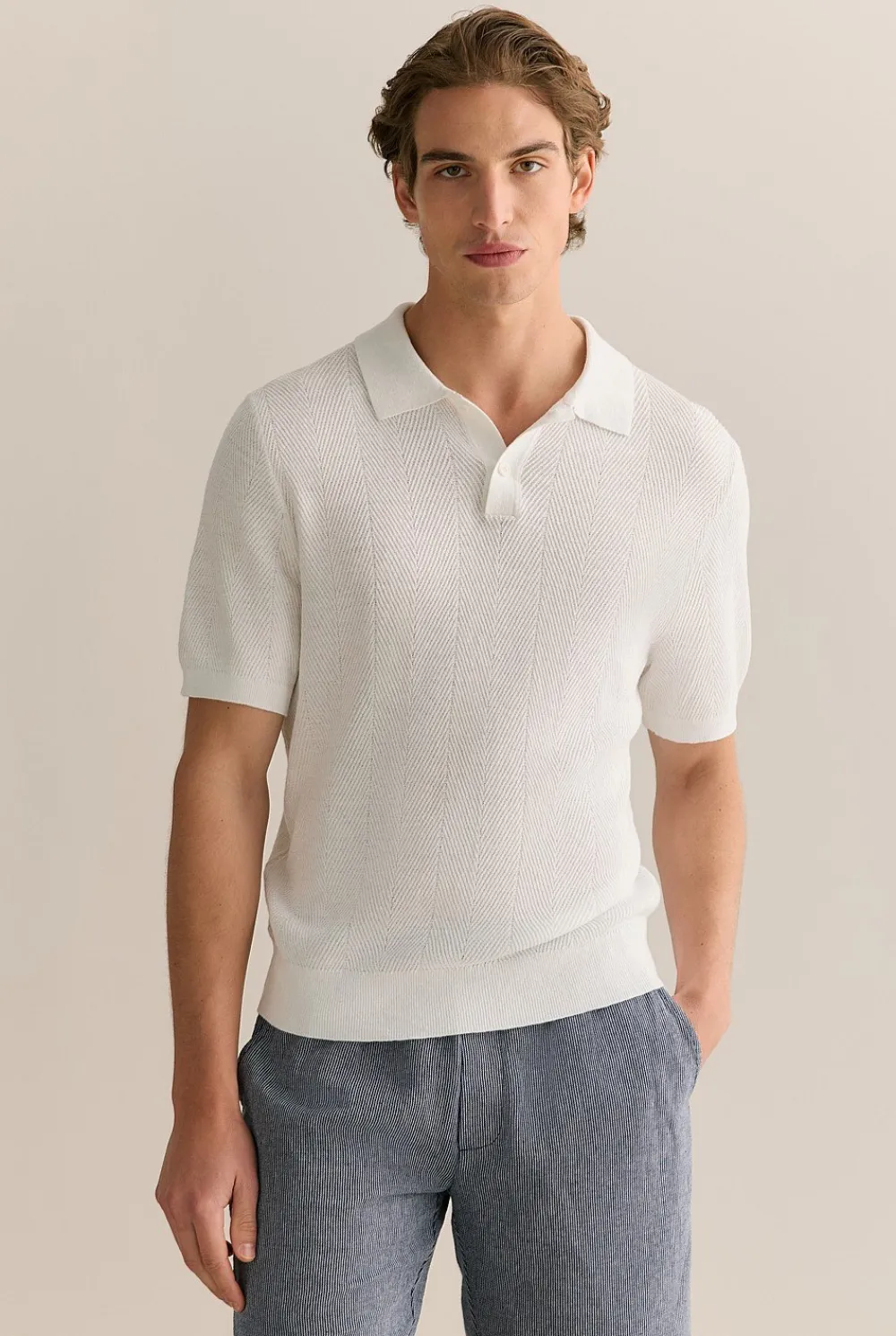 T-shirts|Polo Shirts>Trenery Linen Cotton Textured Stitch Polo White