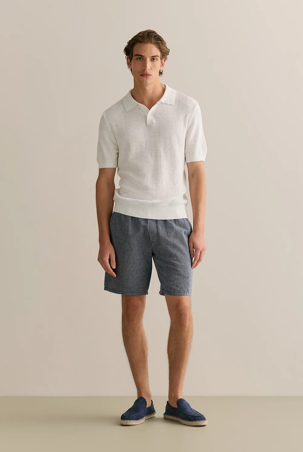 T-shirts|Polo Shirts>Trenery Linen Cotton Textured Stitch Polo White
