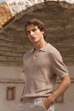 T-shirts|Polo Shirts>Trenery Linen Cotton Textured Stitch Polo Nutshell
