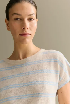 T-shirts & Tops|Knitwear>Trenery Linen Cotton Twin Stripe Relaxed T-shirt PaleBlue