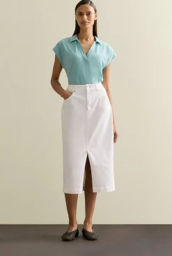 T-shirts & Tops>Trenery Linen Cotton V Neck Polo Seafoam