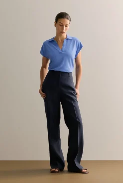 T-shirts & Tops>Trenery Linen Cotton V Neck Polo WedgewoodBlue