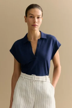 T-shirts & Tops>Trenery Linen Cotton V Neck Polo Navy