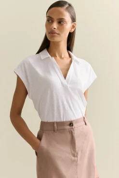 T-shirts & Tops>Trenery Linen Cotton V Neck Polo White
