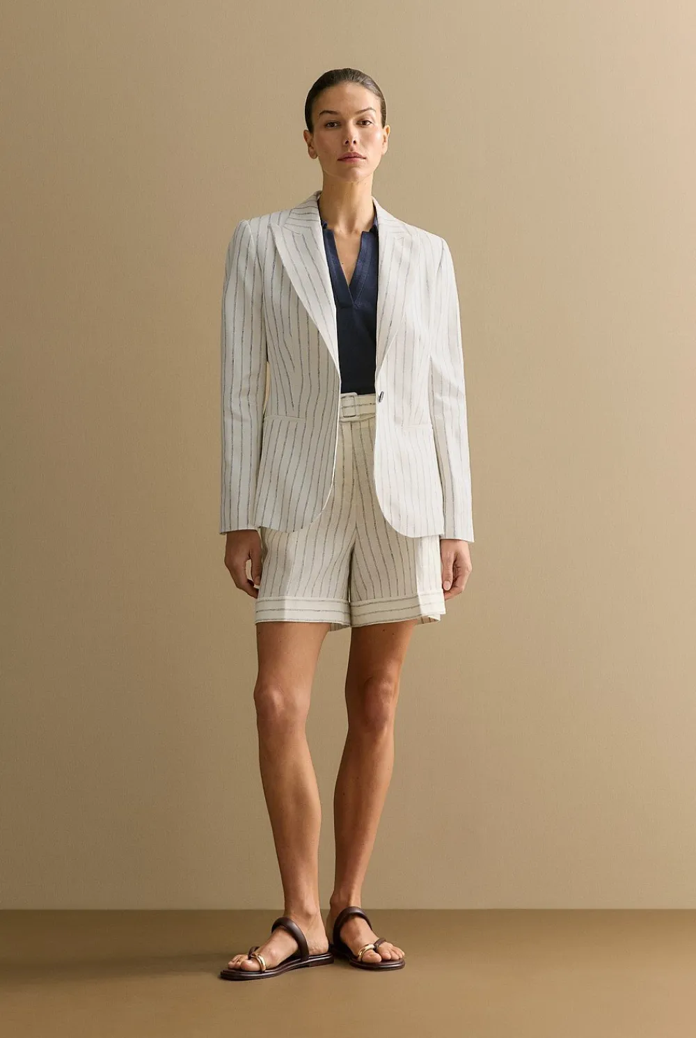 Shorts|The Linen Edit>Trenery Linen Dot Stripe Belted Short White