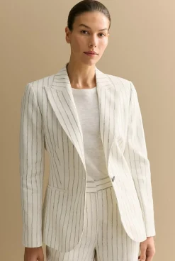 Outerwear|Co-ord Sets>Trenery Linen Dot Stripe Blazer White