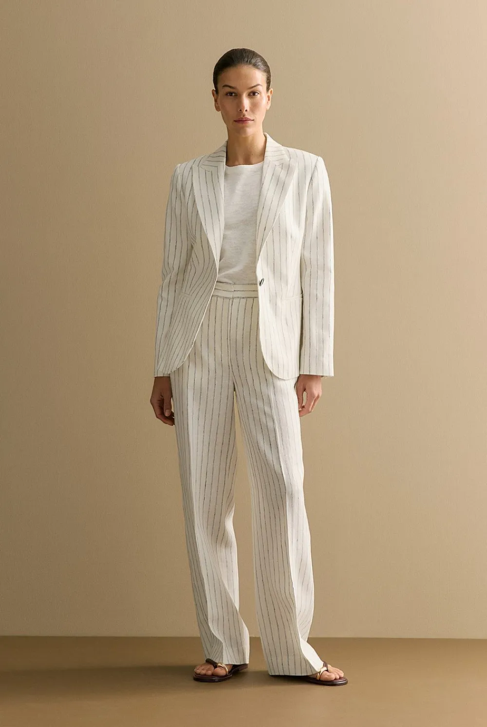 Outerwear|Co-ord Sets>Trenery Linen Dot Stripe Blazer White
