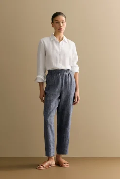 Pants>Trenery Linen End on End Stripe Pull On Pant Navy