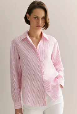 Shirts|The Linen Edit>Trenery Linen End On End Stripe Shirt Fuchsia