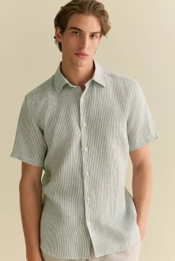Shirts|The Linen Edit>Trenery Linen Fine Stripe Short Sleeve Shirt Ivy